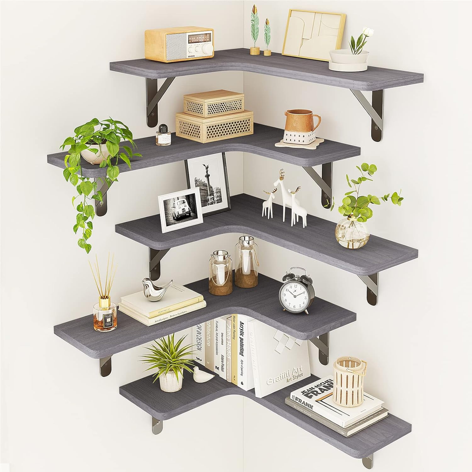 Fairy Corner Floating Shelves, Wall Mounted Corner Shelf Set of 5, Rustic Wood Wall Shelves for Bathroom, Kitchen, Bedroom or Living Room