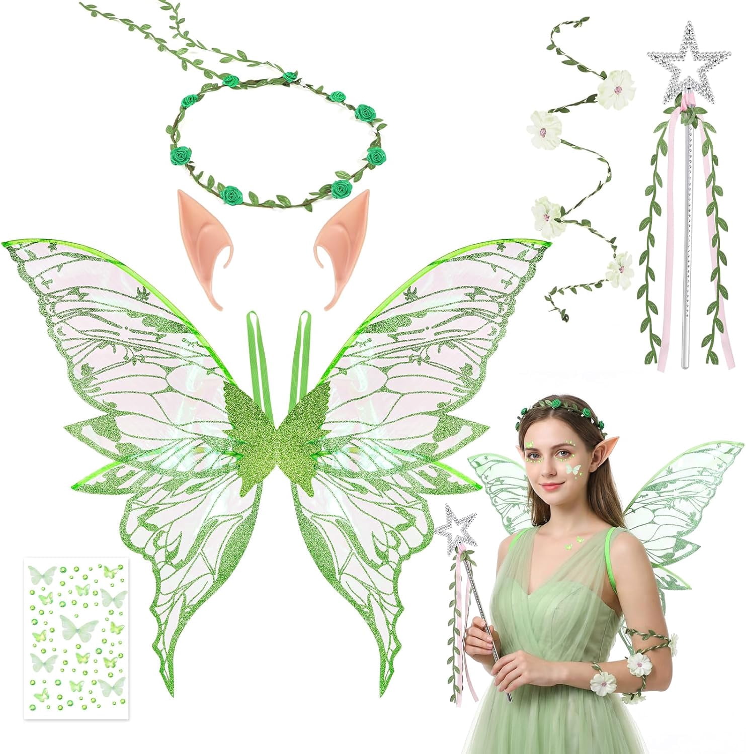 ladies fairy fancy dress Costume Accessories for Women, Fairy Butterfly Wings Floral Garland Wand Elf Ears Flower Arm Wrap Fairy Costume for Halloween Carnival Cosplay Party Fishnet Mesh