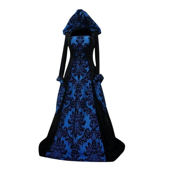 Fairy Costume For Woman, Women'S Retro Gothic Long Sleeve Tie Vintage Graphic Hooded Big Flowy Court Party Dresses Fall Women Bodycon Dress Red Summer Dress Outfits Dress (3XL, Blue) ZMTing