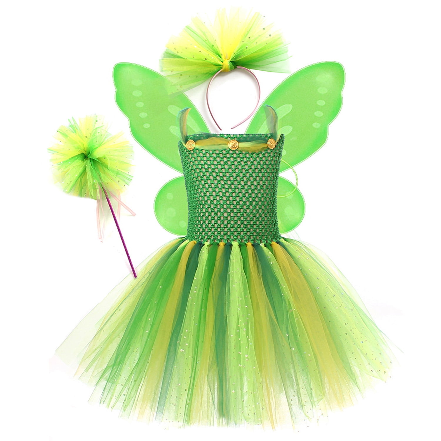 Girls Fairy Wings + Tutu Set Green Instant Disguises Female Halloween Costume