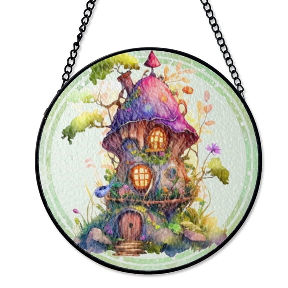 Fairy Cottage Suncatcher Stained Glass Style UV Printed Glass Fantasy Garden Round