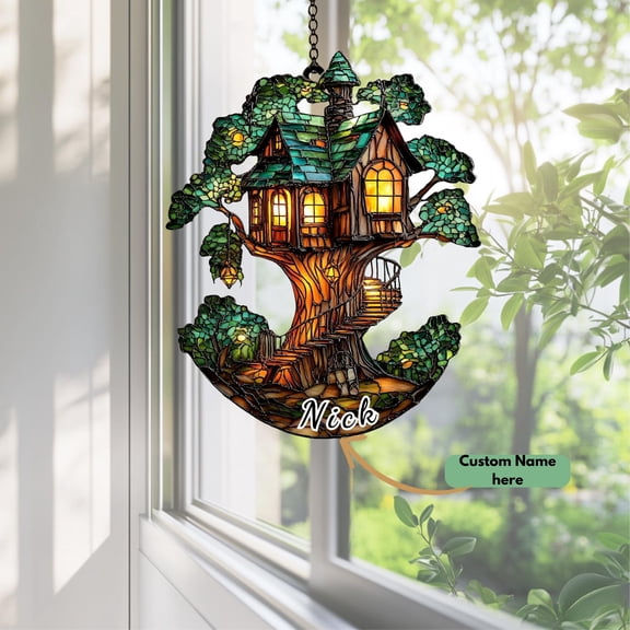 Fairy Cottage Treehouse Suncatcher, 2D Flat Acrylic Window Hanging Ornament, Whimsical Fantasy Decor for Kids Girls Teens, Unique Home Garden Gift