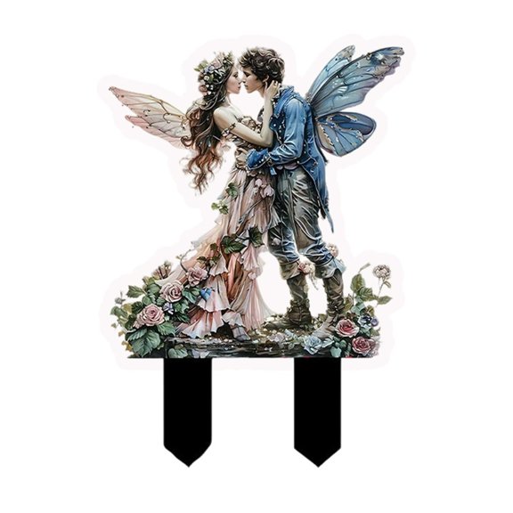 Fairy Couple Garden Stake Decor, 2D Flat Acrylic Flower Elf Garden Sign, Indoor Outdoor Yard Lawn Pot Magic Decorative Accessories (Rose Fairy)