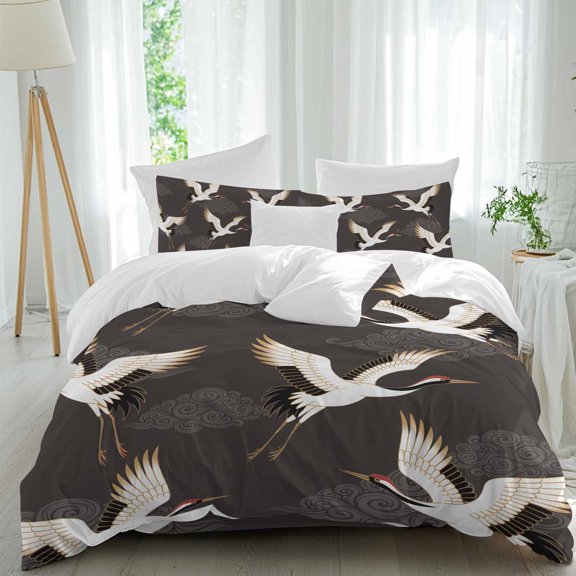Fairy Crane Comforter Set Twin Size, Art Japanese Style White Crane Auspicious Cloud Gray Soft Bedding Set for Man Woman, 4 Pieces Duvet Cover Set with Fitted Sheet, 2 Pillowcases