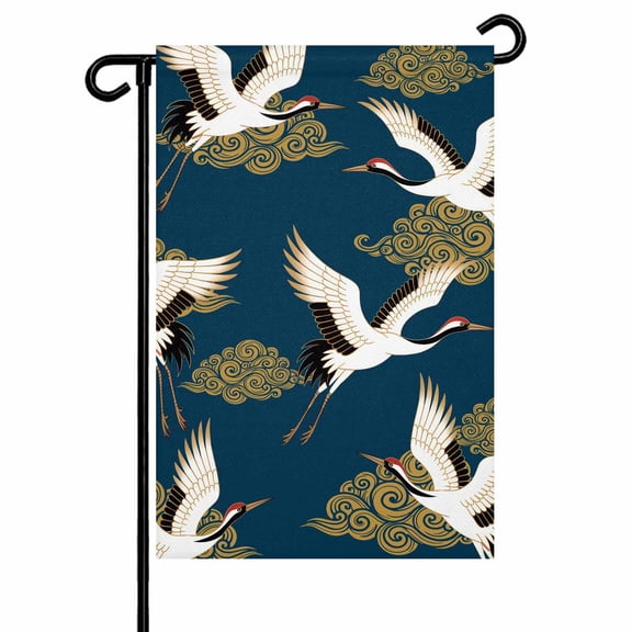 Fairy Crane Garden Flag 12x18 Inch Art Japanese Style White Crane Auspicious Cloud Navy Blue Double Sided Small Decorative Garden Flags for Outside, Outdoor Yard Porch Lawn Decoration