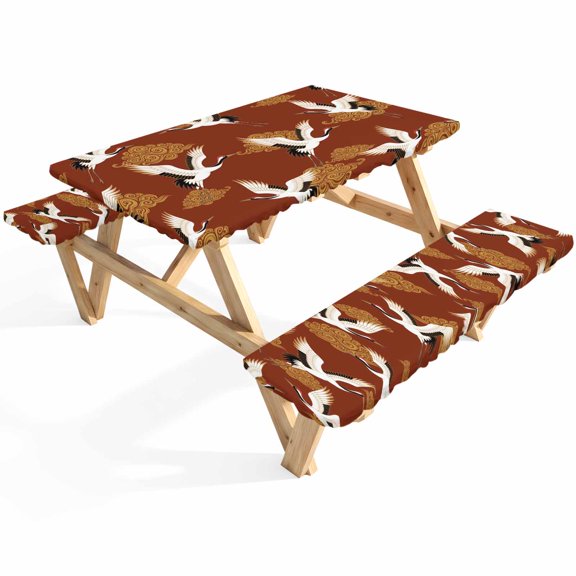 Fairy Crane Picnic Table Cover with Bench Covers Art Japanese Style White Crane Auspicious Cloud Red Waterproof Fitted Picnic Tablecloth 3 Pieces Set Table Cloth for Outdoor Camping Garden BBQ
