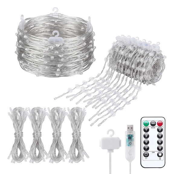 Fairy Curtain Lights 300 LED with Remote Timer, 8 Modes Dimmer USB Powered String Lights for Bedroom Wedding Christmas Indoor Decor, Warm White