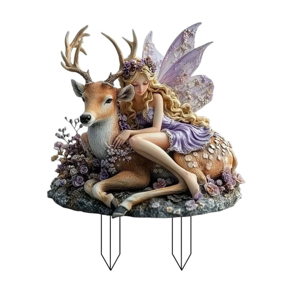 Fairy And Deer Acrylic Garden Stake, Fantasy Elf Deer Figurine Yard Art for Plant Pot Lawn Patio Backyard Outdoor Garden Landscape Decoration, 7.87 inch