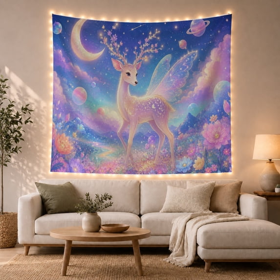Fairy Deer Under Moonlight With Starry Cosmos, Whimsical Fantasy for Unicorn Lovers, Ethereal Fantasy Art, Mother's Day Gift, Tapestry Wall Hanging for Bedroom and Dorm