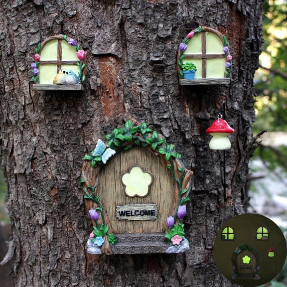 Fairy Door and Windows Garden Kit Accessories Outdoor, Glow in Dark Gnome House for Tree, Lawn Yard Art Sculpture, Miniature Garden Decor