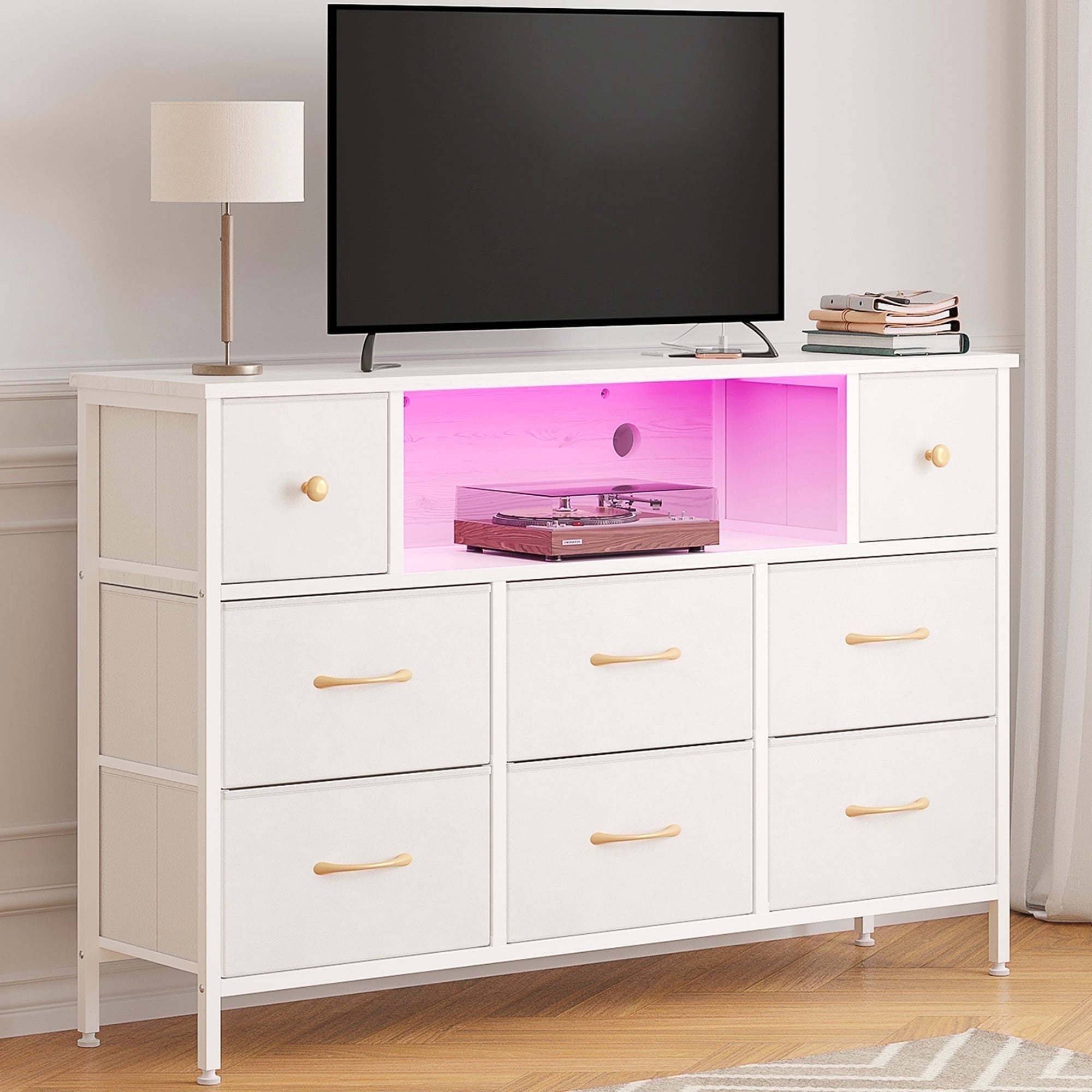 Fairy Dresser, White 55 TV Stand with 8 Drawers, LED & Power Outlets for  Bedroom, Living Room, Entryway