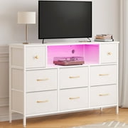 Fairy Dresser for Bedroom with 8 Drawers, White 55" TV Stand with Power Outlets and LED Lights, Fabric Chest of Drawers with PU Finish for Living Room, Entryway (White)