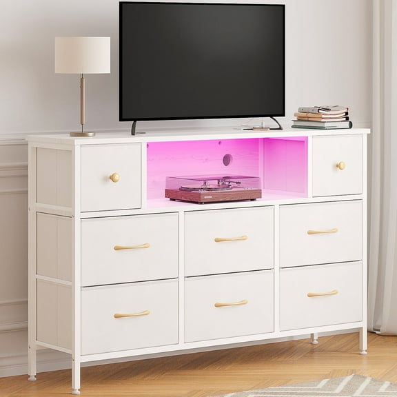 Fairy Dresser for Bedroom with 8 Drawers, White 55" TV Stand with Power Outlets and LED Lights, Fabric Chest of Drawers with PU Finish for Living Room, Entryway (White)