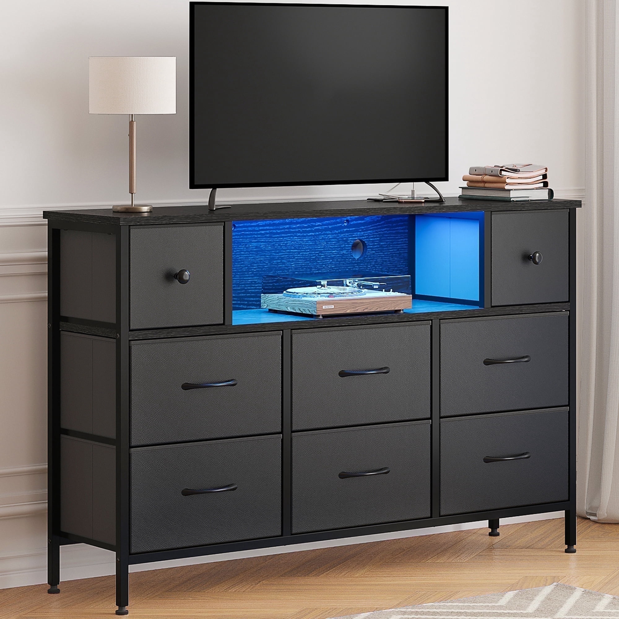 Fairy Dresser, Black 55" TV Stand with 8 Drawers, LED & Power Outlets for Bedroom, Living Room, Entryway Fairy Dresser, Black 55" TV Stand with 8 Drawers, LED & Power Outlets for Bedroom, Living Room, Entryway
