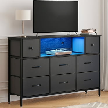Fairy Dresser, Black 55" TV Stand with 8 Drawers, LED & Power Outlets for Bedroom, Living Room, Entryway