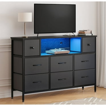Fairy Dresser, Black 55" TV Stand with 8 Drawers, LED & Power Outlets for Bedroom, Living Room, Entryway