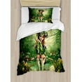 thumbnail image 1 of Fairy Duvet Cover Set Twin Size, Computer Art Elf Girl with Wreath on Her Head Sitting on a Tree Stump Fantastic, Decorative 2 Piece Bedding Set with 1 Pillow Sham, Green Beige Pink, by Ambesonne, 1 of 3