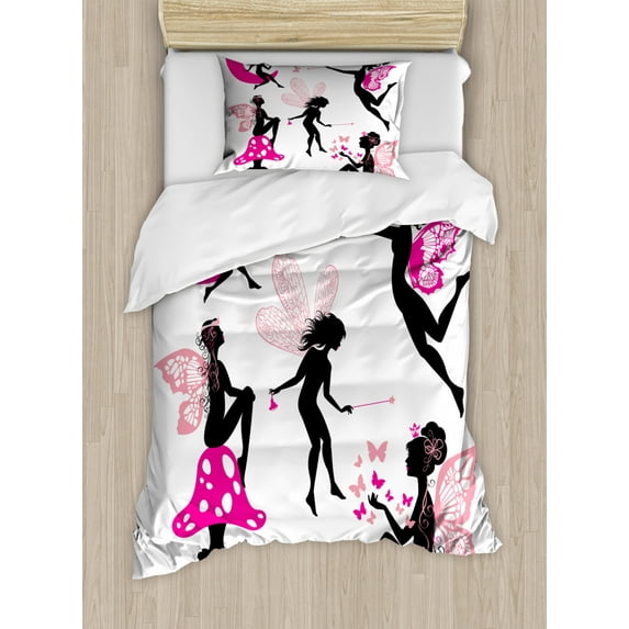 Fairy Duvet Cover Set Twin Size, Girl Silhouettes Sitting on Moon Mushroom Winged Fantastic Dreamy Cartoon, Decorative 2 Piece Bedding Set with 1 Pillow Sham, Hot Pink Rose Black, by Ambesonne