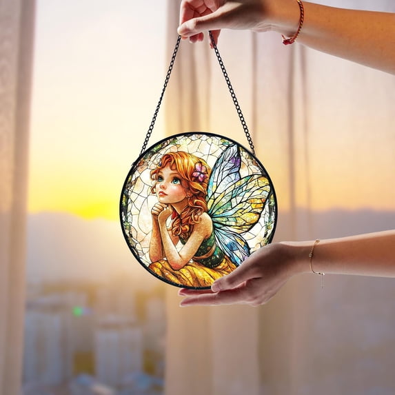 Fairy Faux Stained Glass Suncatcher, Fantasy Window Hanging Art, Unique Gift for Fairy Lover, Indoor Outdoor Decoration