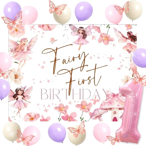 Fairy First Birthday Decorations Fairy Butterfly Backdrop Balloons Girls 1st Birthday Party Decor Our Little Fairy is Turning One Floral Forest Garden One Year Old Party Supplies Y114