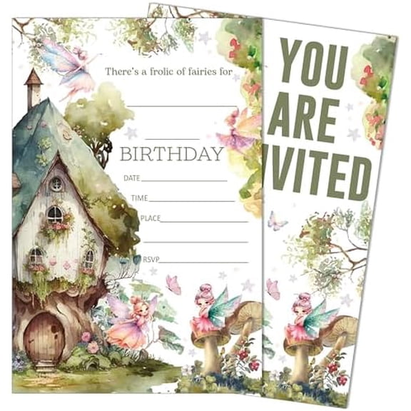 Fairy First Birthday Party Invitations, Garden Fairy Themed, 20 Fill-in Style Birthday Party Invitations with Envelopes for Girls Boys, Birthday Party Favor & Decoration (4"x6")-B25