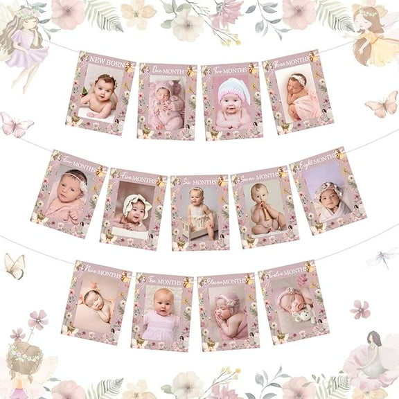 Fairy First Birthday Photo Banner, Fairy 1st Birthday Decorations Boho, 1st Newborn to 12 Months Photo Banner for Girl 1 Year Old Butterfly Princess Floral Party