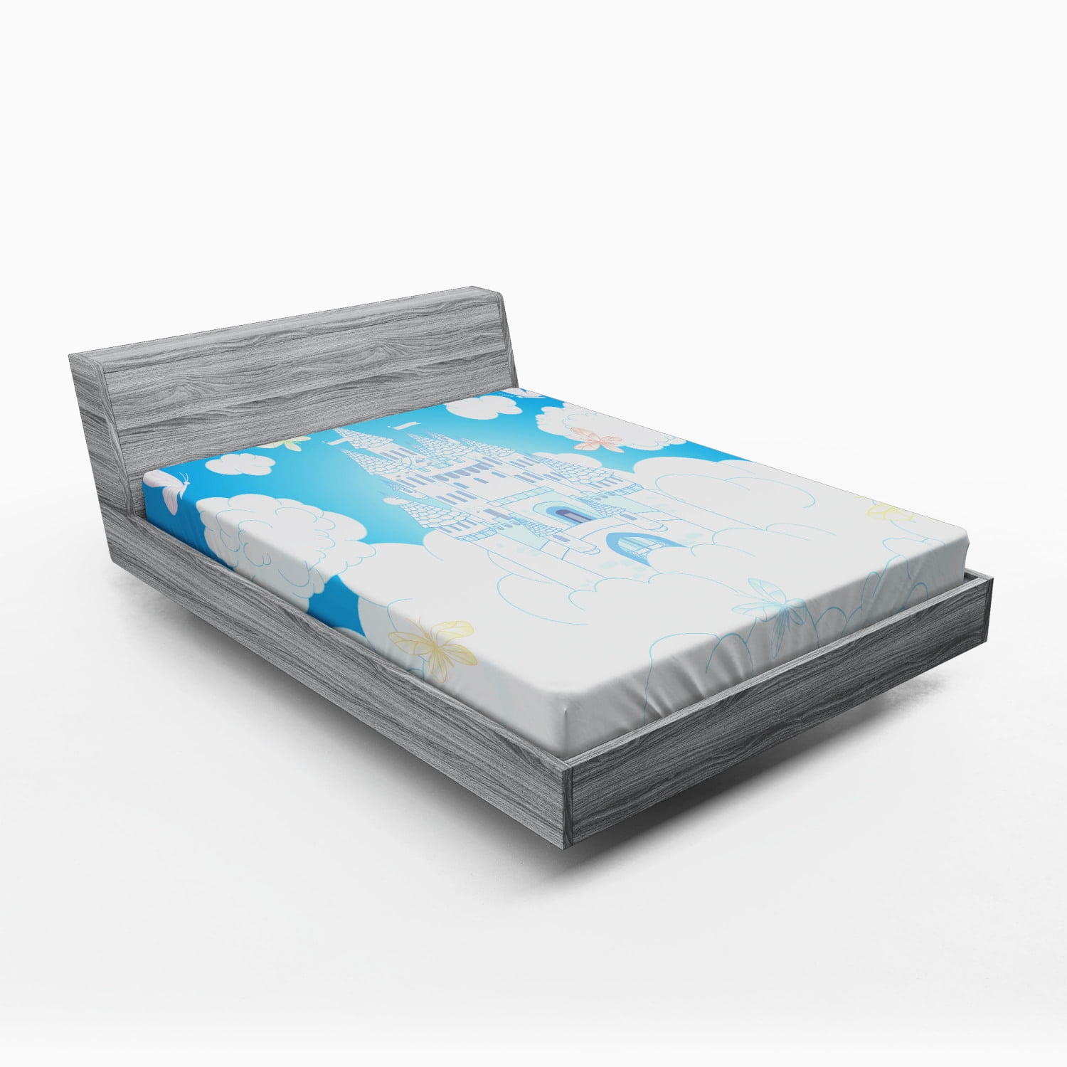 Queen White and Sky Blue Microfiber Castle Print Fitted Sheet