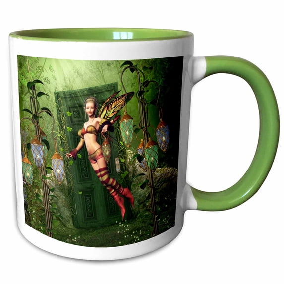 3drose, Fairy Flies into the Fairyland It Is Behind a Door in the Forest, 11oz Two-tone Green Mug
