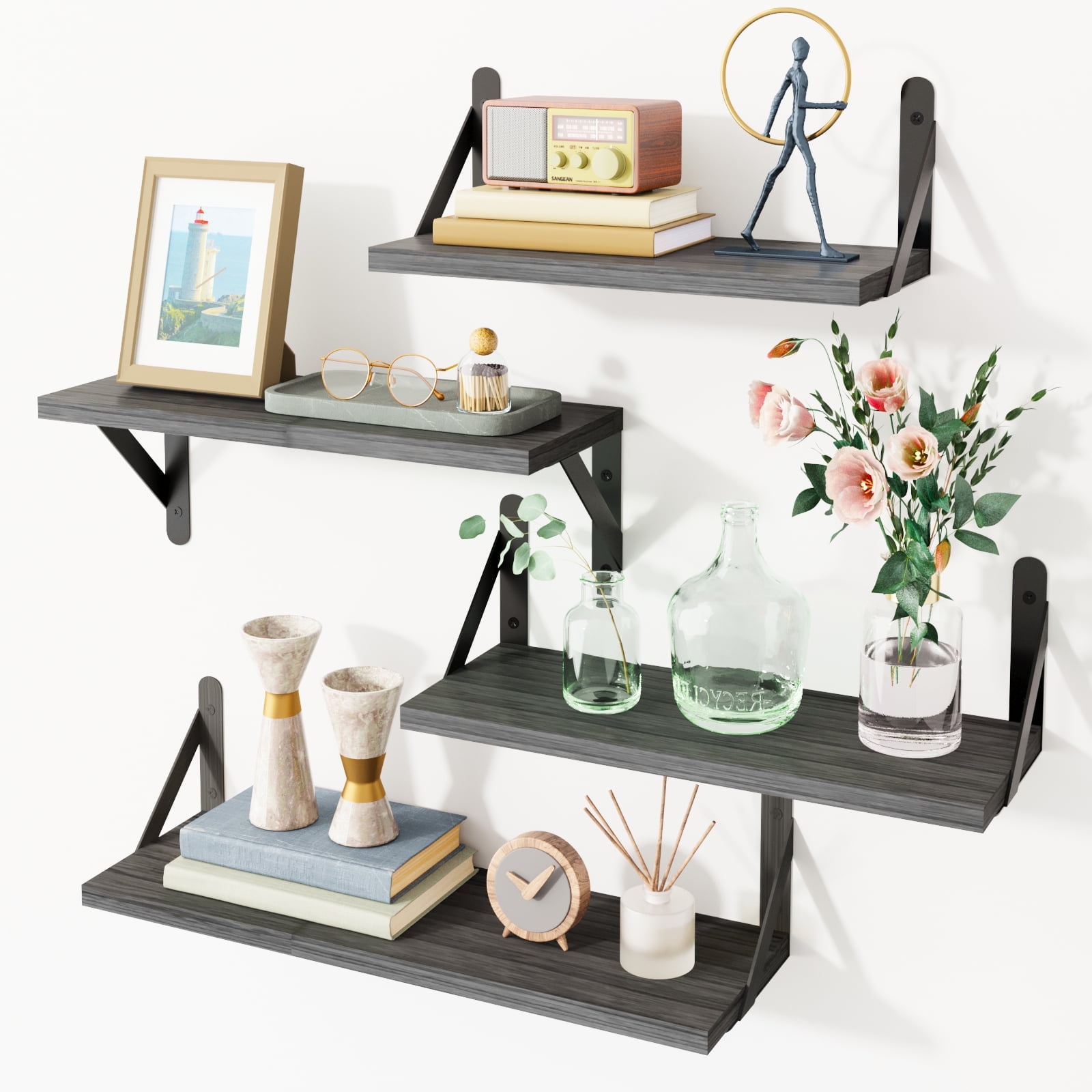 Fairy Floating Shelves, Rustic Wood Shelves, 4 Sets of Wall Mounted Shelf, 14.2x6.1x4.3inches, Weathered Gray