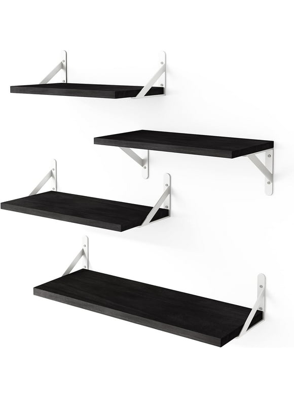 Fairy Floating Shelves, Rustic Wood Shelves, 4 Sets of Wall Mounted Shelf, 16.5x6.1x4.3inches, Black and White Bracket