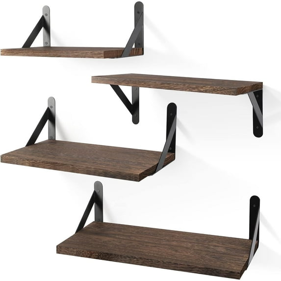 Fairy Floating Shelves, Rustic Wood Shelves, 4pcs Wall Mounted Shelf, 3 Size, Dark Carbonized Brown