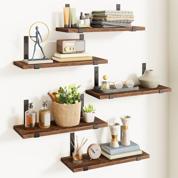 Fairy Floating Shelves, Rustic Wood Wall Storage Shelves Set of 5, 15.7in x 4.7in x 0.6in, Dark Carbonized Black