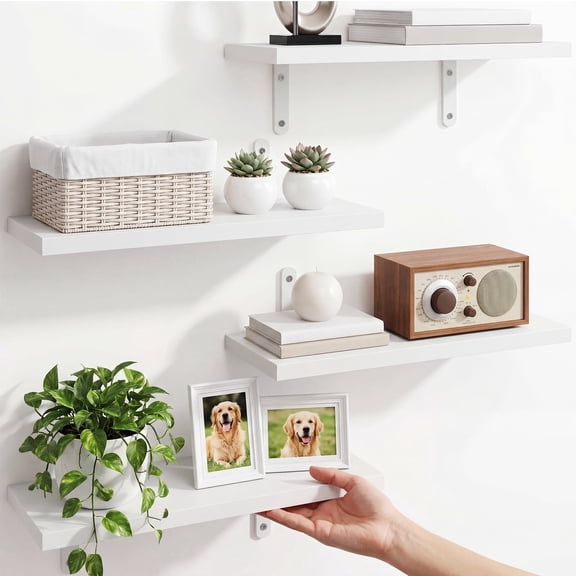 Fairy Floating Wall Shelves Set of 4, White Wood Shelves for Bedroom Bathroom Wall Storage