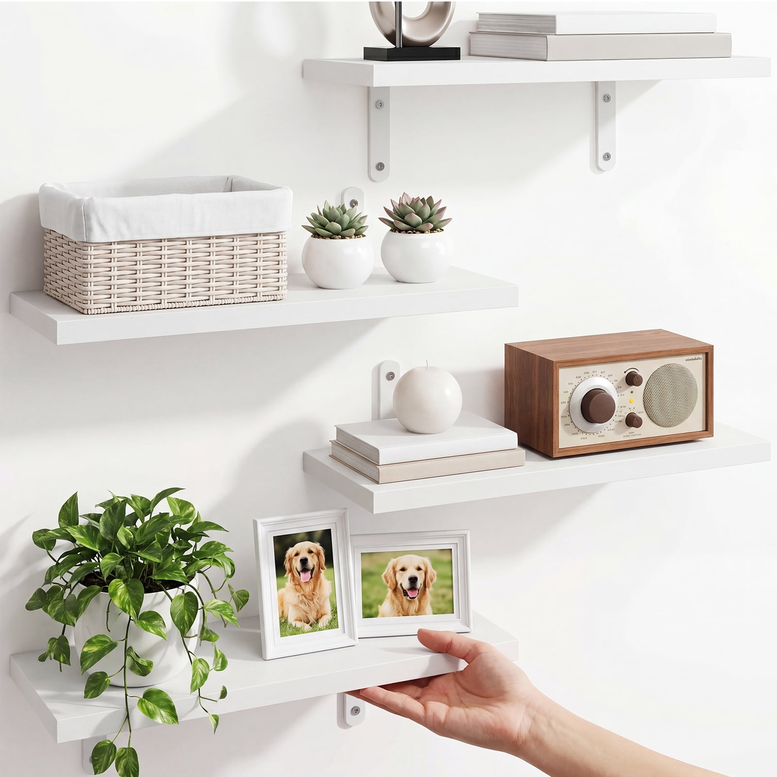Fairy Floating Wall Shelves Set of 4, White Wood Shelves for Bedroom Bathroom Wall Storage