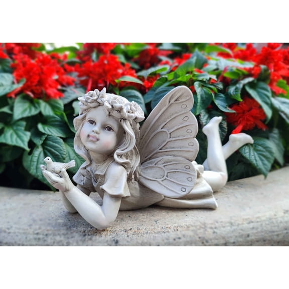 DurableDelights Fairy Garden Outdoor Decor, Angel Holding a Bird Garden Statues for Outside