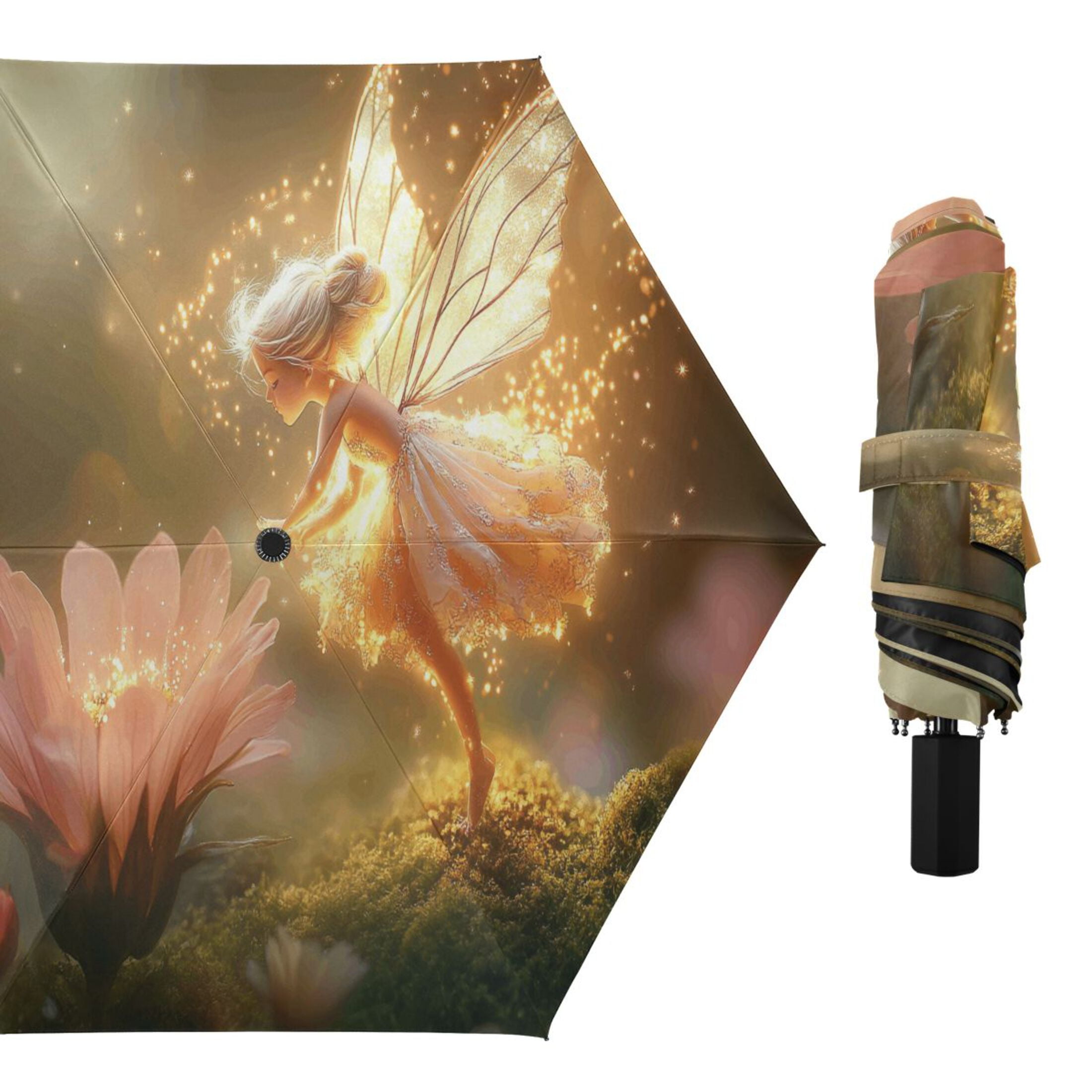 Fairy Flying over Flowers Compact Sun Umbrella Windproof Travel Umbrellas for Rain Strong Portable UV Protection