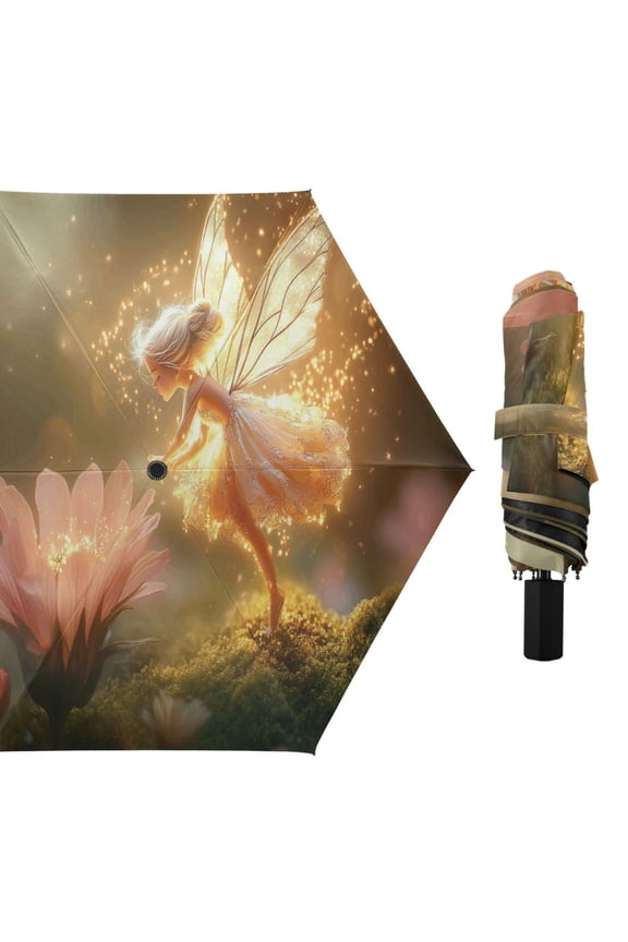 Fairy Flying over Flowers Compact Sun Umbrella Windproof Travel Umbrellas for Rain Strong Portable UV Protection