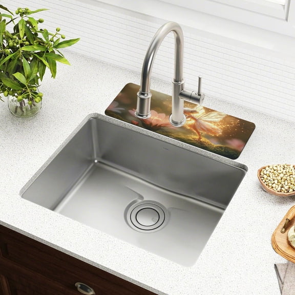 Fairy Flying over Flowers Faucet Mat for Kitchen Sink 15'' Sink Splash Guard Mat Super Absorbent Fast Drying Drain Pad