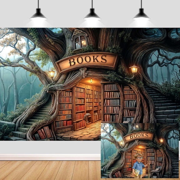Fairy Forest Library Backdrop,Enchanted Woodland Bookshelf Banner,Fantasy Mysterious Tree Book Themed Party Decorations,for Kid Birthday Baby Shower Photo Studio Shoot Props,7x5FT