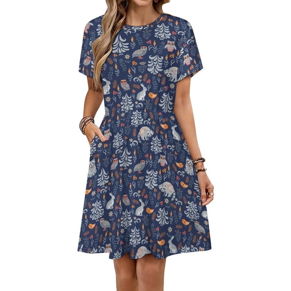 Fairy Forest with Animals And Birds. Raccoons, Owls, Bunnies And Little Chick Dress Summer Street Style Dresses Female Short Sleeve Printed Sundress