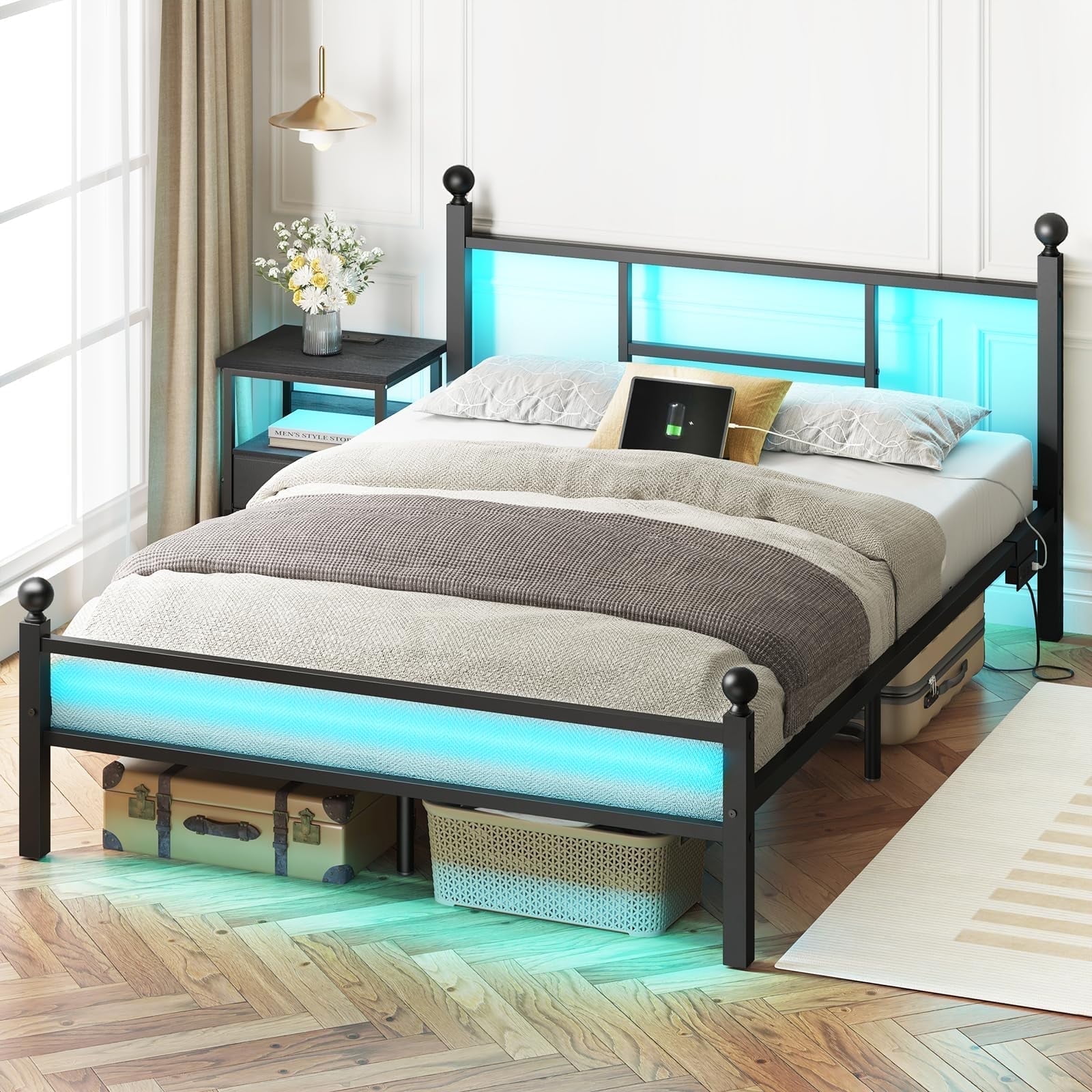 Fairy Full Size Bed Frame with Charging Station, Metal Frame with Power Outlet & Port, Black