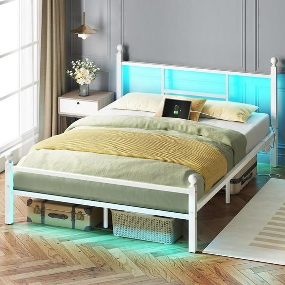 Fairy Full Size Bed Frame with Charging Station, Metal Frame with Power Outlet & Port, White