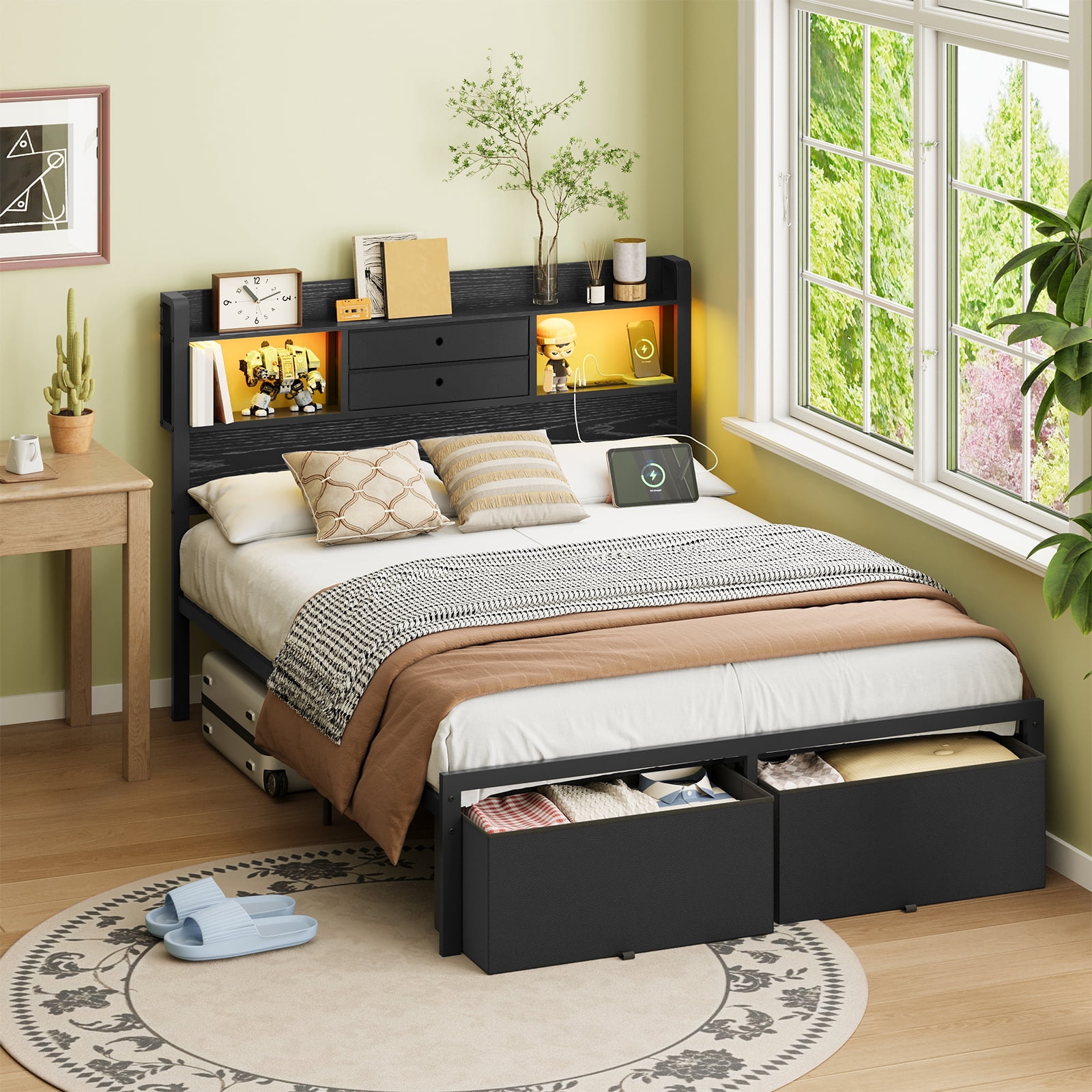 Fairy Full Size Bed Frame with Storage Headboard, LED Lights and Charging Station, Metal Platform Bed with 2 Drawers, No Box Spring Required, Black