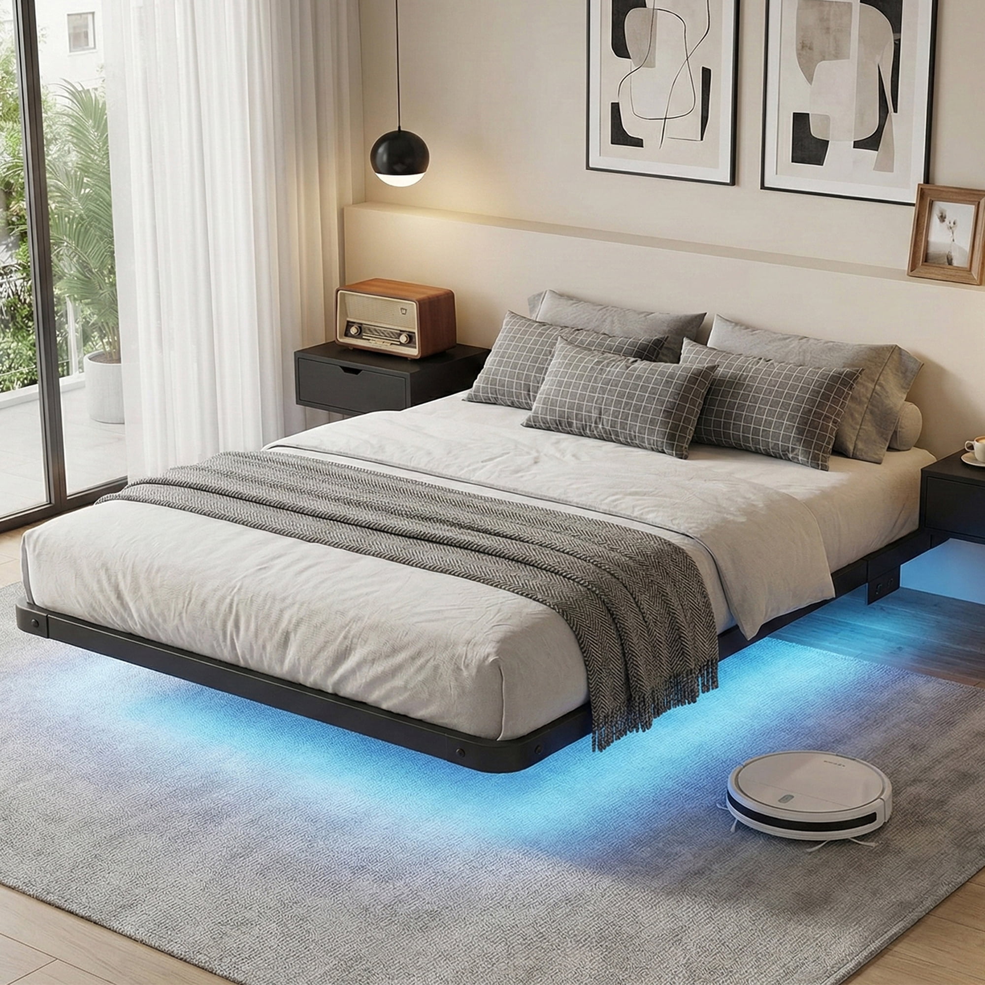 Fairy Full Size Bed Frame with Charging Station, LED Lights, Heavy-Duty Metal Platform, Black