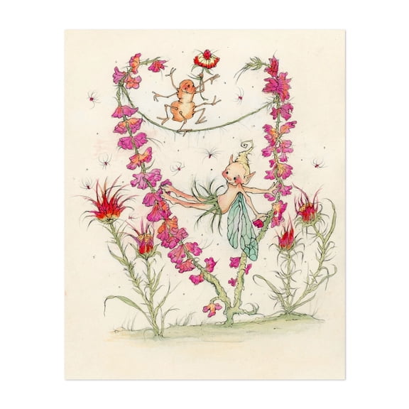 Fairy Fun - Illustration Whimsical Fantasy Watercolor Floral Insect Mystical Unframed Wall Art Print 36 x 48 inches