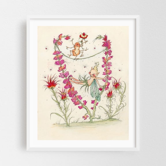 Fairy Fun - Illustration Whimsical Fantasy Watercolor Floral Insect Mystical White Framed Wall Art Print 8 x 10 inches