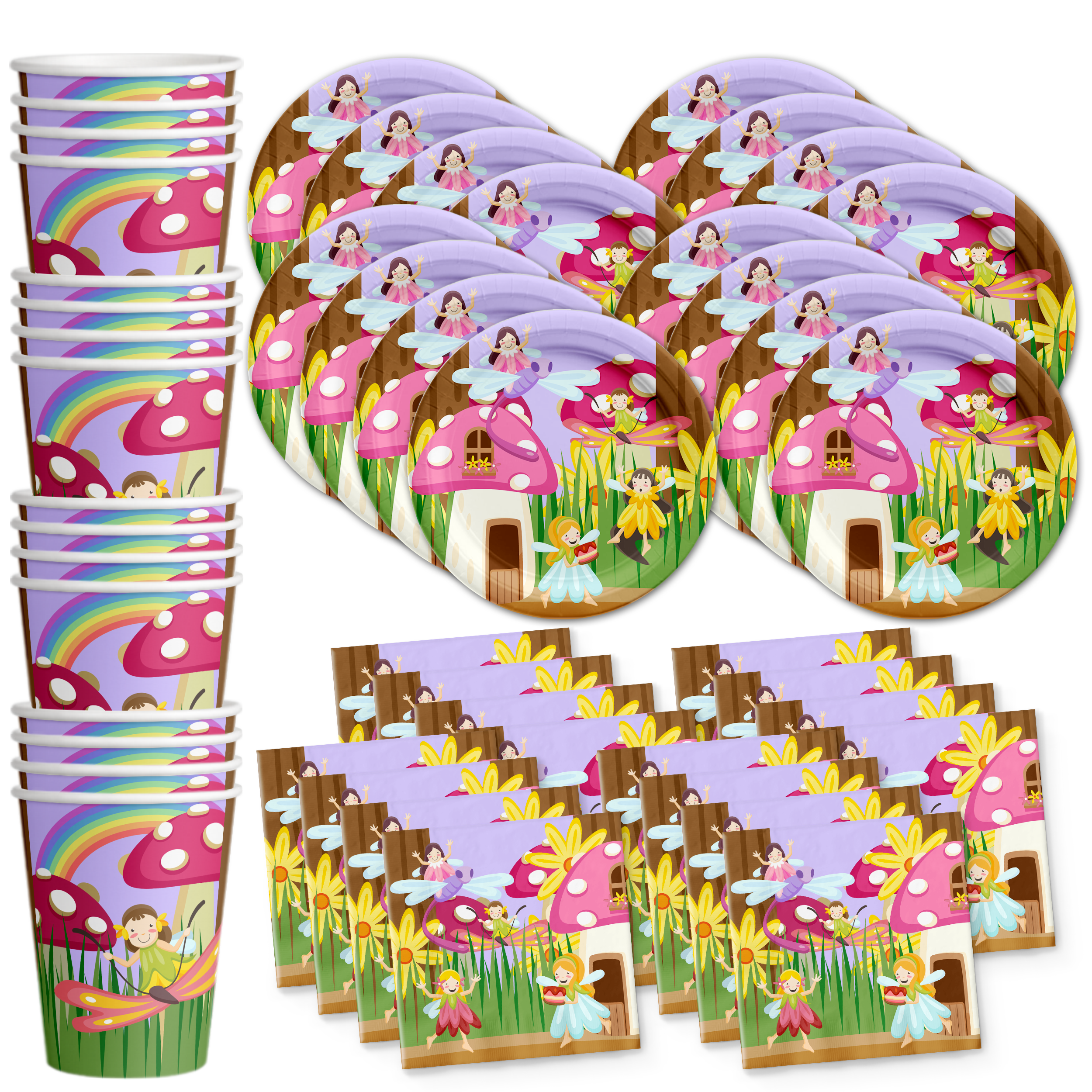 BIRTHDAY GALORE Fairy Garden Birthday Party Supplies Set Plates Napkins Cups Tableware Kit For 16