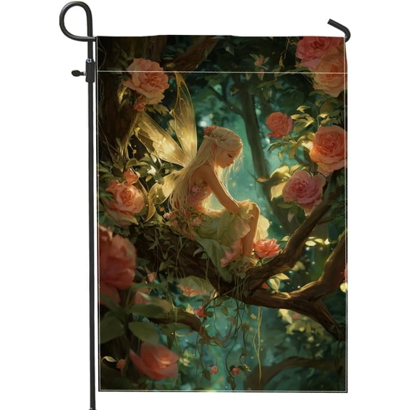 Fairy Garden Burlap Decorative Flag Double Sided Roses Tree Spring Green Outdoor Porch Lawn Patio Deck 12 x 18 Inch