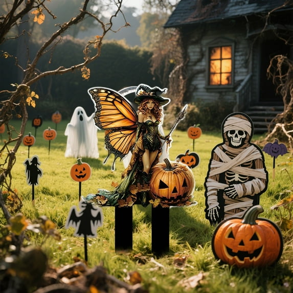 Fairy Garden D Ecor 8 Pack Acrylic Outdoor Stake Signs (5.6"x7.9") Whimsical Pumpkin & Designs For Yard & Planters Weather