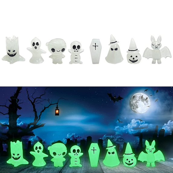 Fairy Garden Decor Miniature Figurine Luminous Ghost Tombstone Pumpkin Skull Ghost Halloween Decor Fairy Figurine Statue Garden Decorations Party